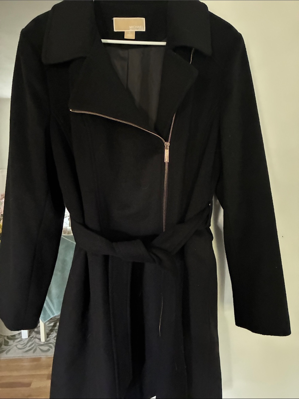 MICHAEL Michael Kors Black Asymmetrical Zip Wool Coat with Belt XL